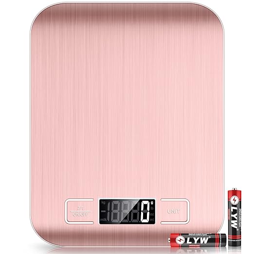 Mik-Nana Food Scale Pink, 10kg/22lb Digital Kitchen Scale Weight Grams and Oz for Baking and Cooking, 1g/0.1oz Precise Graduation, Easy Clean Stainless Steel