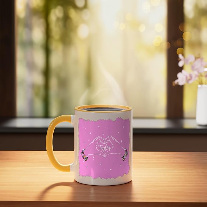 Heart Hands Taylor First Name Girl Vintage 70's 80's Ceramic Mug, Yellow/White