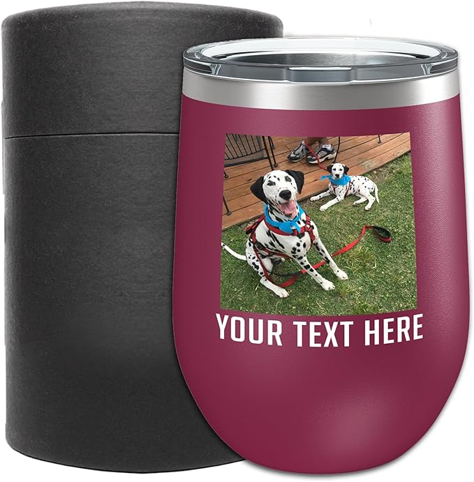 Personalized 12oz (17 Colors) Mother's Day Photo Printed Insulated Stainless Steel Powder Coated Stemless Wine Tumbler with Lid, Customized Gift Idea for Her, Custom Coach Gifts Team Mom Dad (Maroon)