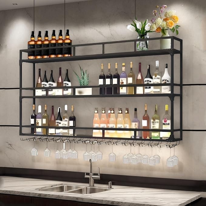 Wall-Mounted Wine Rack with LED Light, 3-Tier Wall Bar Shelves for Liquor Bottles & Glasses, Modern Industrial Black Floating Display Shelf for Home Bar, Dining Room& Kitchen, 39 x 9.8 x 35 in