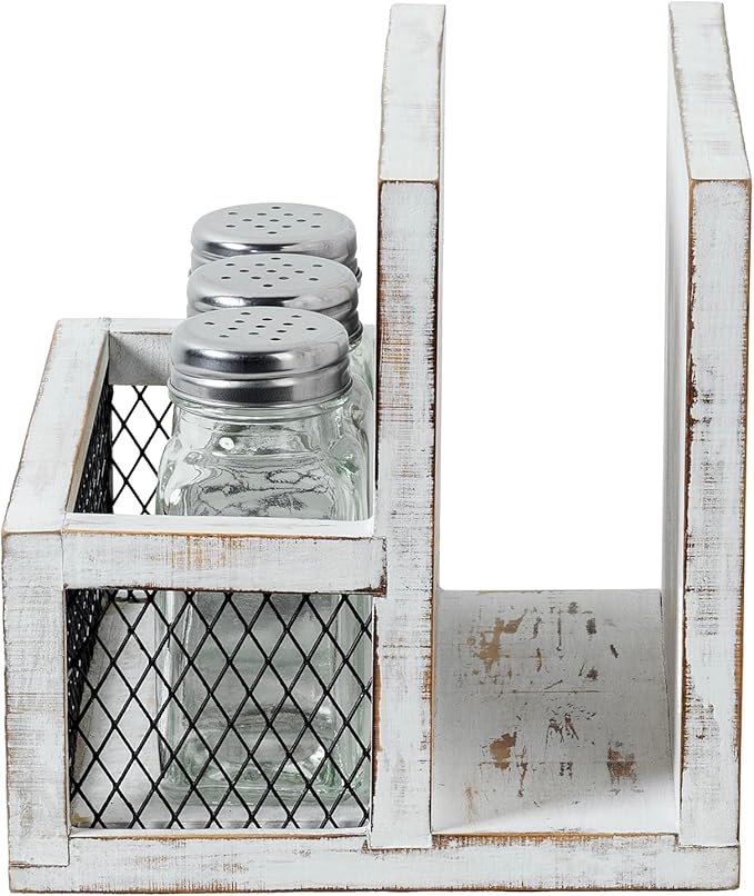 FARM IN Napkin Holder, Farmhouse Multifunctional Napkin Holder with Salt and Pepper Shakers Holder for Home and Commercial Use, Rustic Solid White Washed Wood & Diamond Metal Wire Mesh