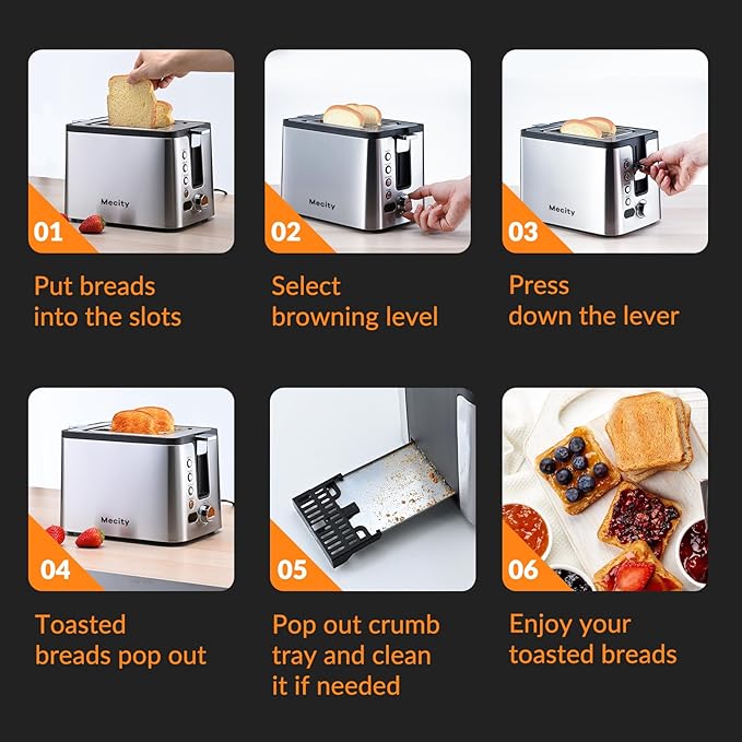 Mecity Toaster 2 Slice Stainless Steel Body, Timer, Bagel, Defrost, Reheat, Cancel Functions, Warming Rack, Removable Tray, 6 Browning Settings, Extra Wide Slots, Bread Toaster 800W