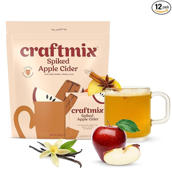 Craftmix Spiked Apple Cider Cocktail & Mocktail Drink Mixer, Skinny Mixes - Water Flavoring Packets - Made With Real Fruit - Vegan, Low-Carb, Low-Sugar, Non-GMO, Dairy Free, Gluten Free, 12 Pack
