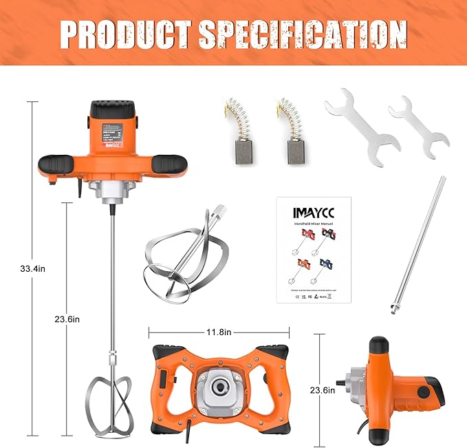 IMAYCC Handheld Concrete Mixer, Portable Cement Mixer,110V 6 Speed Mixing Drill, 2100W Drill Mixer for mud,Motar,Paint, Grout, Plaster,Thinset etc.