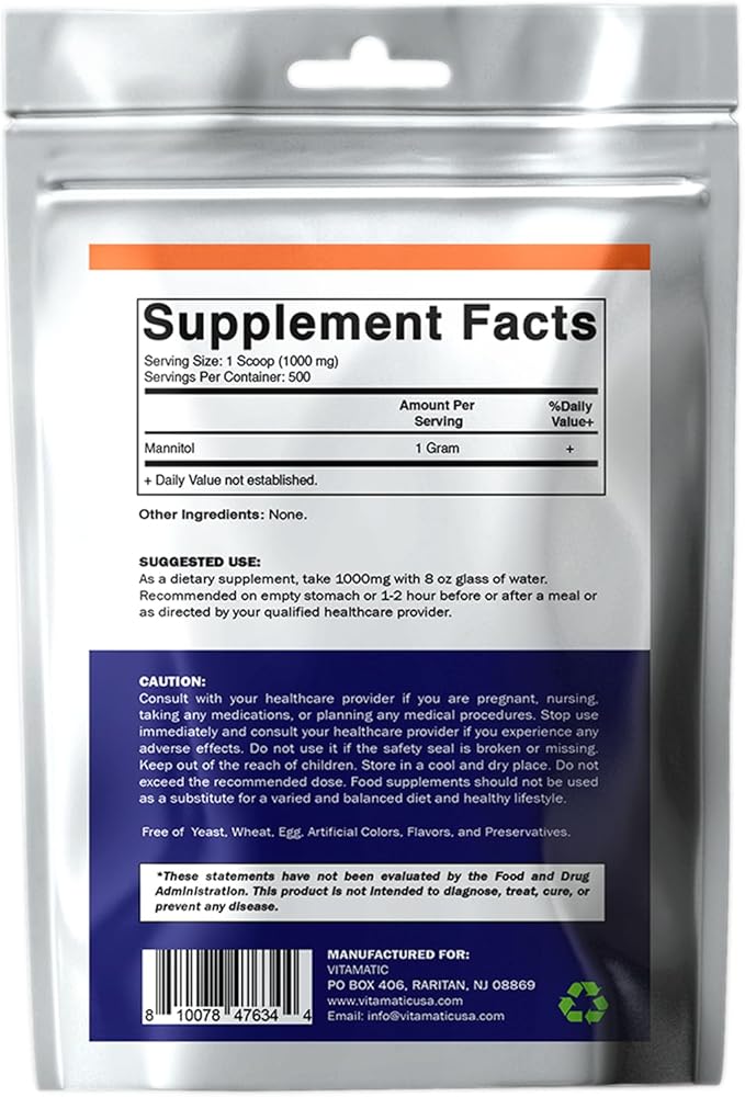 Vitamatic Mannitol Powder - Sweetener, Sugar Substitute, Natural & Gluten Free, 1000 mg per Servings, 500 Servings, 500 Gram