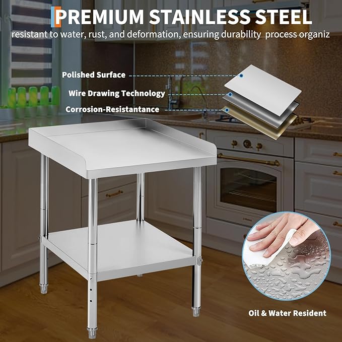12x24x30 in Stainless Steel Equipment Grill Stand Table 400 LBS Capacity NSF Certified with Adjustable Legs, 2 in Edge Baffle, for Hotel, Home, Commercial Restaurant Kitchen