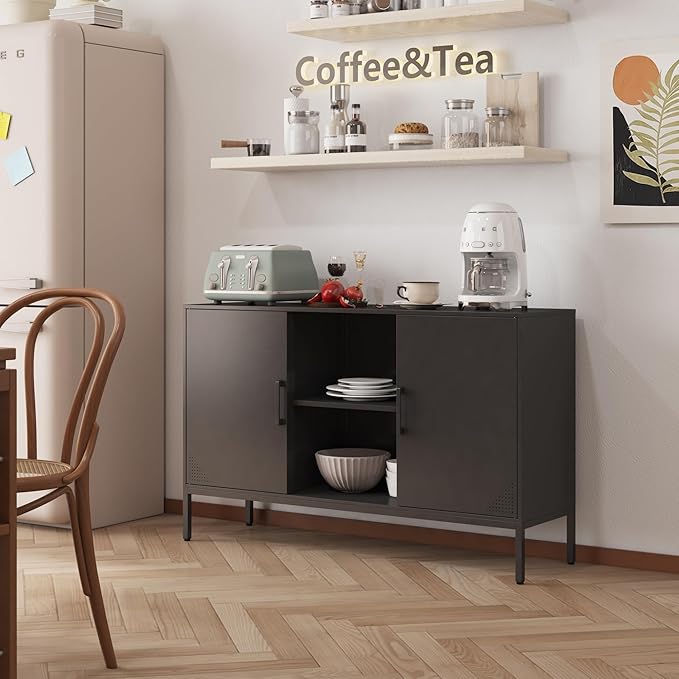 Metal Storage Cabinet,Metal Black TV Stand,Coffee Bar Buffet Cabinet Kitchen Sideboard Storage with Adjustable Shelves for Living Room Bedroom