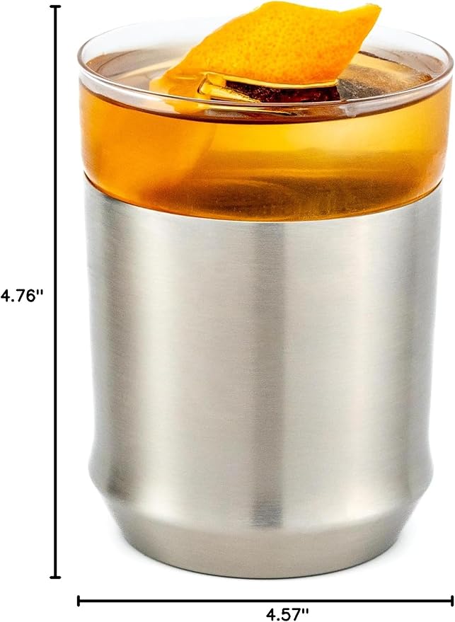 Elevated Craft Hybrid Cocktail Glass Premium Vacuum Insulated Steel Base with Removable Insert - 12oz Rocks Glass, Double Old Fashioned Lowball for Margaritas, Bourbon, Whiskey - Steel