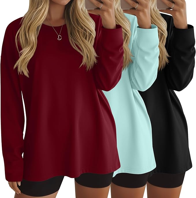Ficerd 3 Pack Women's Oversized Long Sleeve Shirts Cotton Gym Round Neck Tops Loose Fit Casual Workout Baggy Fall Basic Tee