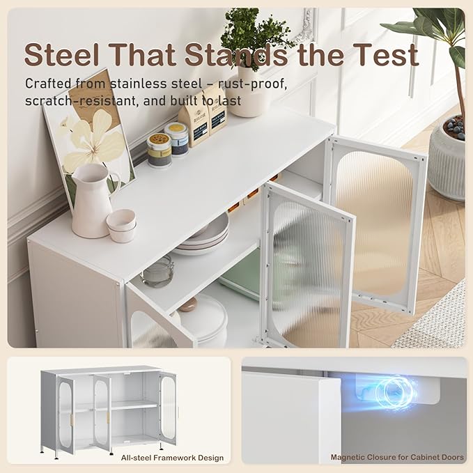 ZZL Sideboard Buffet Cabinet, Outdoor Storage Cabinet, 3 Doors, Metal,Resisting Ccratches, Rust, Adjustable Shelf for Kitchen,Coffee Bar, Garden, Entryway, Table Cupboard, (Length 48'' White)