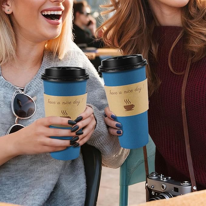 50 Pack 20 oz Coffee Cups with Lids, Disposable To Go Paper Coffee Cups with Sleeves and Stirring Sticks for Hot/Cold Drinks Office Home Shop Event (Navy)