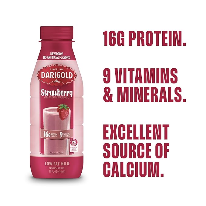 Darigold 1 Percent Milk, Reduced Fat Shelf Stable Milk with 9 Essential Nutrients, 16g Protein, rsBT Free - 14oz, 12 Pack (Strawberry)