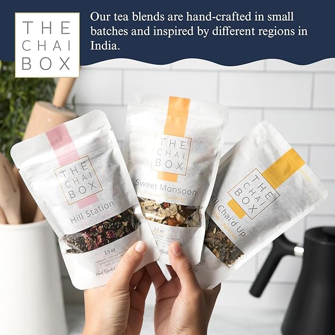 The Chai Box Top Selling Loose Leaf Tea Gift Set - Featured in Oprah's Favorite Things | 3-Flavor Caffeinated Chai Tea Gift Box with Stainless Steel Steeper (3 Pack) | Small Batch Loose Leaf Tea with Whole, Premium Spices