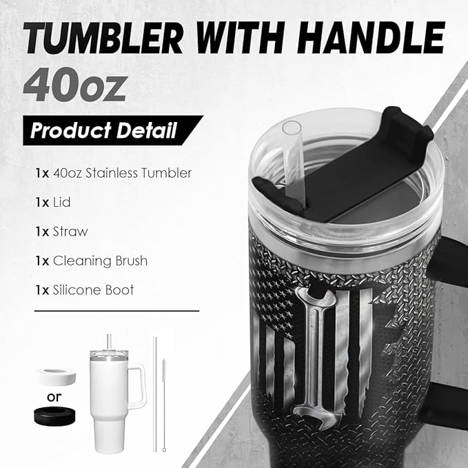 SANDJEST Mechanic Gift for Men, 40oz Stainless Steel Insulated Coffee Tumbler With Lid & Straw, Travel Mug Gift for Dad Husband, Christmas Birthday Father's Day