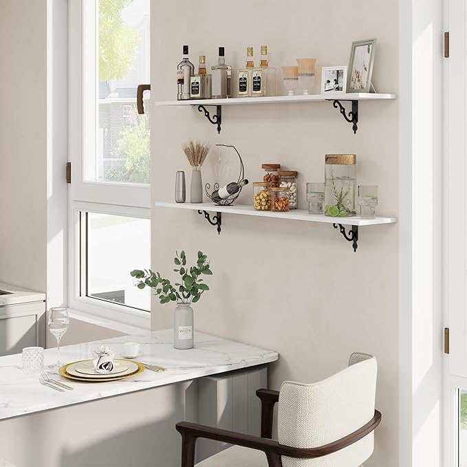 RICHFOCUS Floating Shelves for Wall Decor, 47.3W x 8D Shelves Set of 2, 8 Inch Deep Rustic Wood Shelves Wall Mounted with Brackets, Long Floating Shelves for Living Room Bedroom Kitchen, White
