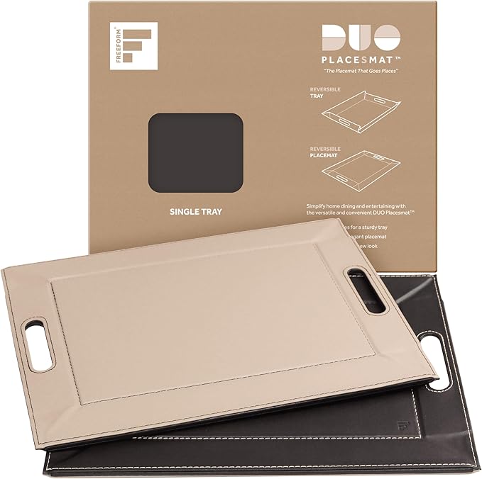 DUO PLACEsMAT Faux Leather Placemat & Serving Tray | Reversible Design, Lays Flat, Easy to Clean & Store | Indoor-Outdoor Dining, Ottoman & Entertaining, 18” x 14” (Chocolate & Cream, Single)