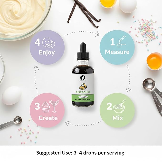 Dolce Flav Pistachio Extract – 2 Ounce Water-Soluble Kosher, Sugar-Free, Concentrated Nutty Pistachio Flavor for Baking, Ice Cream & Pastries, Includes Measured Dropper