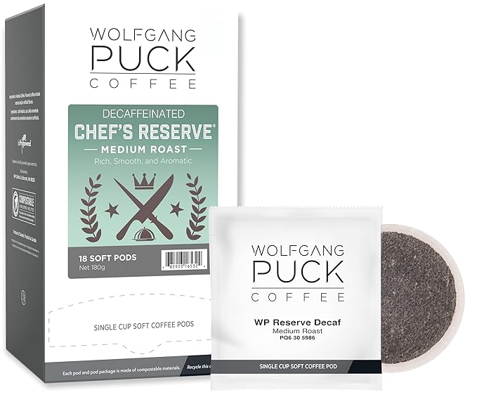 Wolfgang Puck Coffee, Decaf Chefs Reserve, 9.5 Gram Soft Pods, 18 Count (Pack of 6)