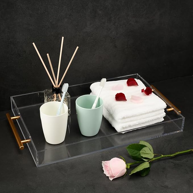 Clear Acrylic Tray with Metal Handle,No Need to Assemble-for Ottoman,Coffee Table, Breakfast, Tea, Food, Butler - Decorative Tray (12x18 Inch, Clear)