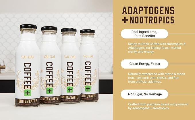 Vai Dai Coffee Latte 4-pack, Lightly Sweetened, Ready-to-Drink, Functional, Adaptogens & Nootropics for Energy, Focus & Mental Clarity, with Lion’s Mane, Ashwagandha, Mushrooms & Cordyceps, Gluten-Free, Non-GMO. VaiDai