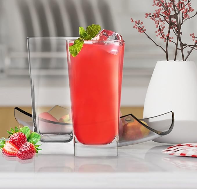 Highball Glasses [Set of 4] + 4 Stainless Steel Straws, 16 oz Lead-Free Crystal Clear Glass, Elegant Drinking Cups for Water, Wine, Beer, Cocktails and Mixed Drinks - Round Top, Square Bottom