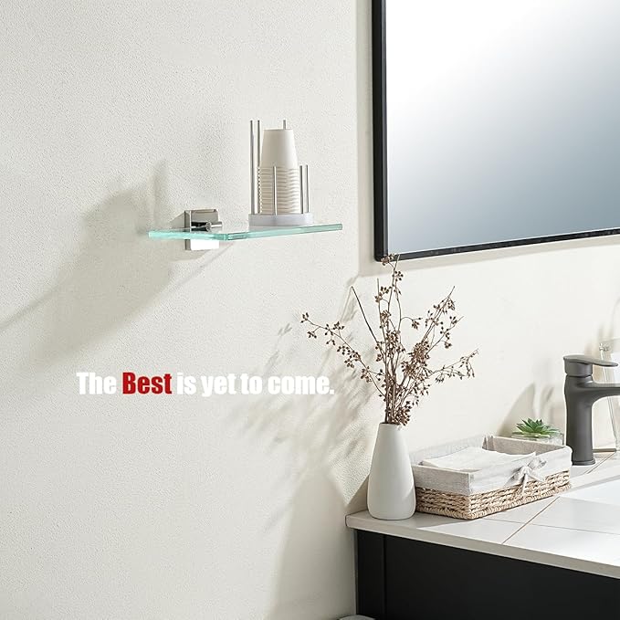 JQK Bathroom Glass Shelf Chrome, Tempered Glass Shower Storage 8 by 5 inches, 304 Stainless Steel Polished Chrome Wall Mount, TGS201L8-CH