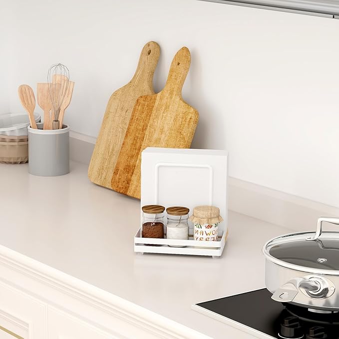 Napkin Holder, Wood Metal Napkin Holder for Table with Salt and Pepper Shakers Caddy, Standing Paper Napkin Dispenser for Kitchen Dining Countertop Decor, Wood & Metal Base, White