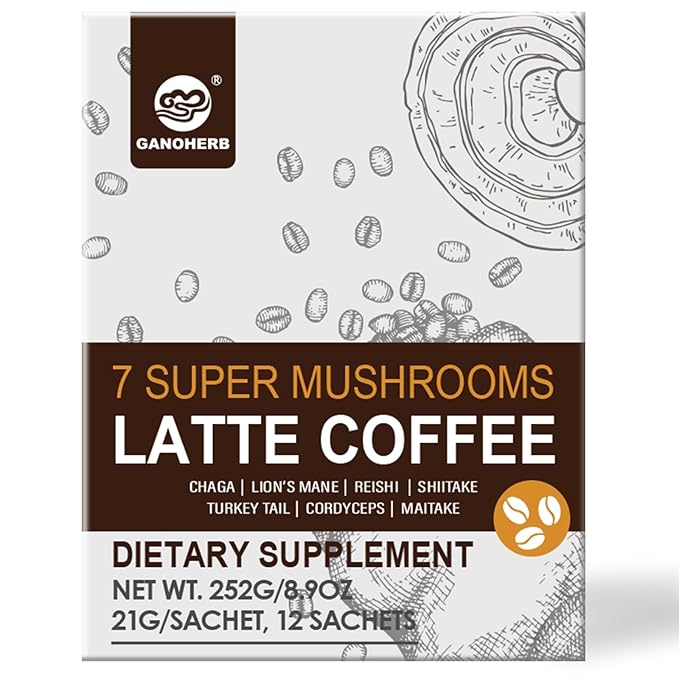 7 in 1 Mushroom Coffee Mix, Instant Latte Coffee Blend Nootropic Cafe Complex with Reishi, Lion’s Mane, Chaga, Turkey Tail, Maitake, Cordyceps for Energy Focus Immune Boost (10 Servings)