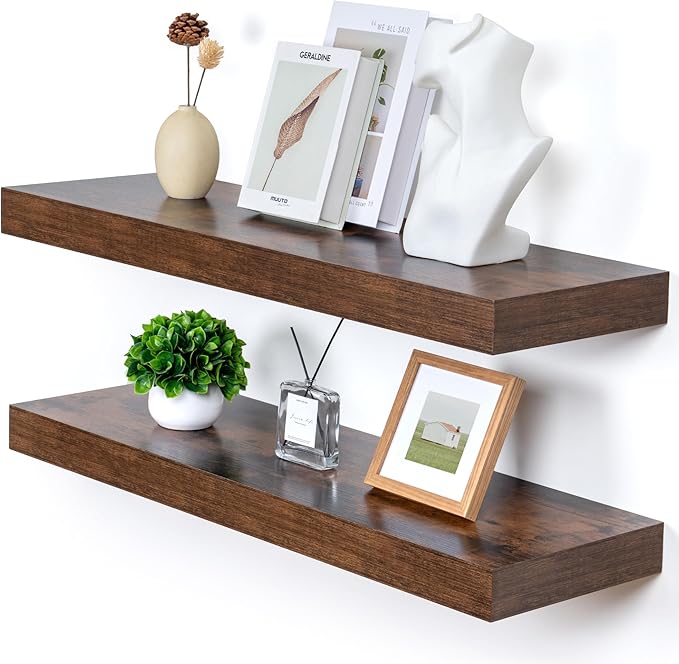 Deep Floating Shelves | 36 Inch Brown Floating Shelves Set of 2 | 12 Inch Deep Rustic Wood Shelves for Wall | 36" W x 12" D Brown Shelves for Living Room Bathroom Laundry Room Kitchen