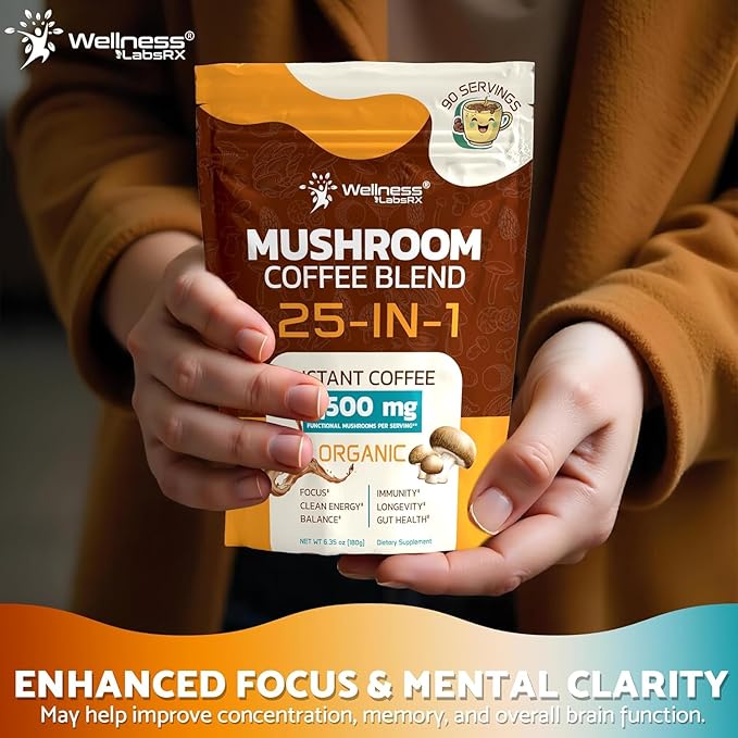 Mushroom Coffee Organic Instant Coffee, 25-in-1, Third-Party Tested Keto Friendly Lions Mane Supplement with Functional Mushrooms – Shiitake, Reishi, Lion’s Mane & More | Smooth, Rich Flavor - 90 Servings (Pack of 2)