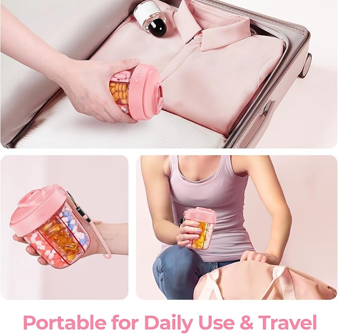 AUVON Large Pill Dispenser Can Store 7 Various Supplements, Travel Pill Organizer Bottle with Anti-Mix Design, Arthritis-friendly Pill Holder with Wide Opening & Slider Lid, Includes 20 Blank Stickers