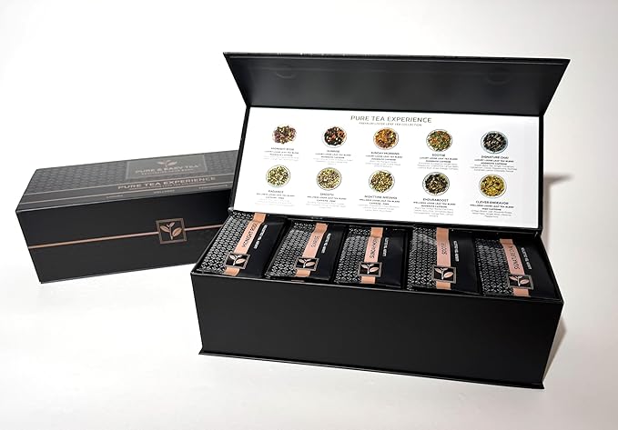 Pure And Easy Tea, Premium Tea Sampler Gift Box & Tea Infuser Brewing Mug, Tea Lovers Dream, 30 Count Tea Collection Makes 60 Cups