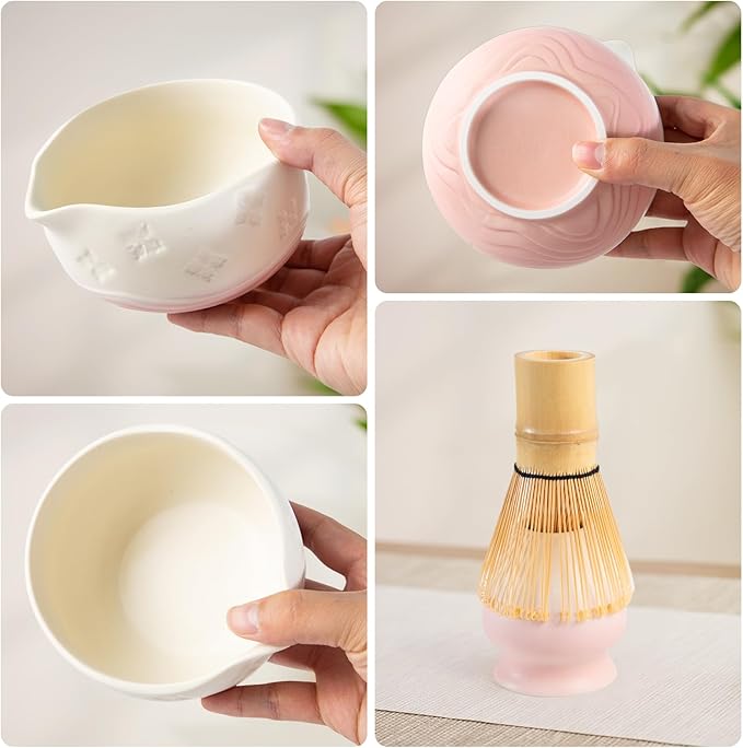 Matcha Whisk Set - Traditional Bamboo Chasen with Bowl, Complete Matcha Tea Making Kit & Starter Tools for Authentic Japanese Ceremony (Pink02, 8pcs/set,Bowl entry-level Set)