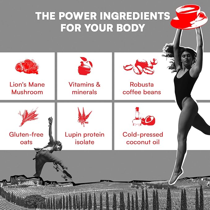 Sustained Energy Boost (11 servings) - Instant Coffee - Mushroom Coffee with Lion's Mane, Vitamins & Minerals - Superfood Cappuccino by Superitalia - official partner of Hyrox - Made in Italy