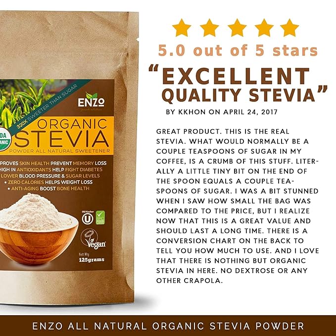 Enzo Organic Stevia Powder 125g (4.4oz / 3125-Servings) - Premium USDA Certified All Natural Alternative-Sweetener 320x Sugar Free Non-GMO 0 Calories Vegan No Aftertaste Kosher