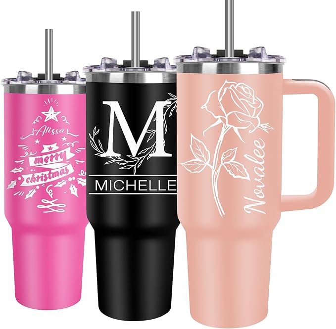 Personalized Tumblers with Engraved Name - Made in USA, Personalized Birthday Gifts for Men Women, Custom 40oz Stainless Steel Coffee Tumbler with Lids and Straws, Custom Travel Cup (40oz Tumbler)