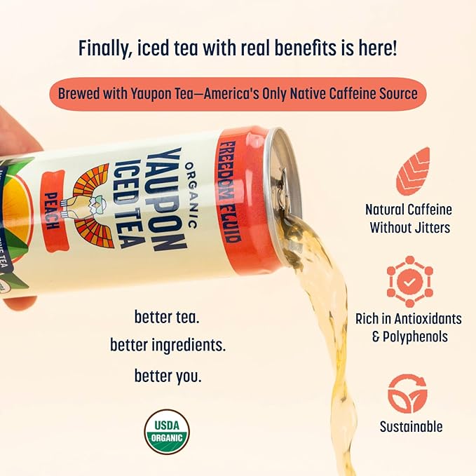 Freedom Fluid Organic Yaupon Iced Tea – Refreshing Peach | Herbal Tea Drink | Lightly Sweetened, Low Sugar, Low Calories, Real Brewed Tea, Clean Ingredients, Antioxidant Rich, Natural Caffeine, 12 Pack (12 oz cans)
