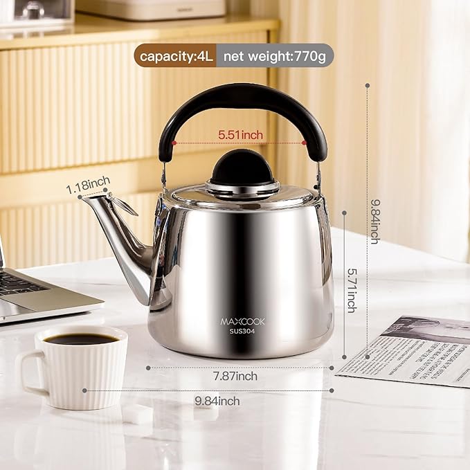 Tea Kettle, 18/8 Stainless Steel Whistling Teapot, 4.23 Quart, Fast Boiling, Anti-Hot Wood Handle (4L,Silver)