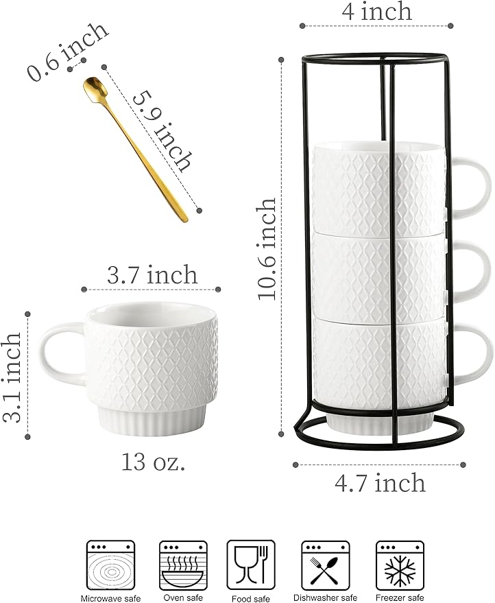 LYEOBOH Stackable Coffee Mugs with Rack, 13 oz Ceramic Coffee Mug Set of 4 with Stand, Latte Cup with Spoon, Cappuccino Cups for Hot Cocoa, Milk, White