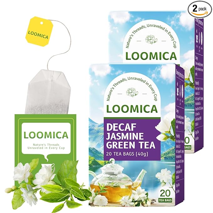 LOOMICA Decaf Jasmine Green Tea, Decaffeinated, Smooth & Refreshing Jasmine Green Tea Bags, Naturally Fragrant with Fresh Blossoms, Perfect for Relaxation & Daily Enjoyment, 20 Counts (Pack of 2)