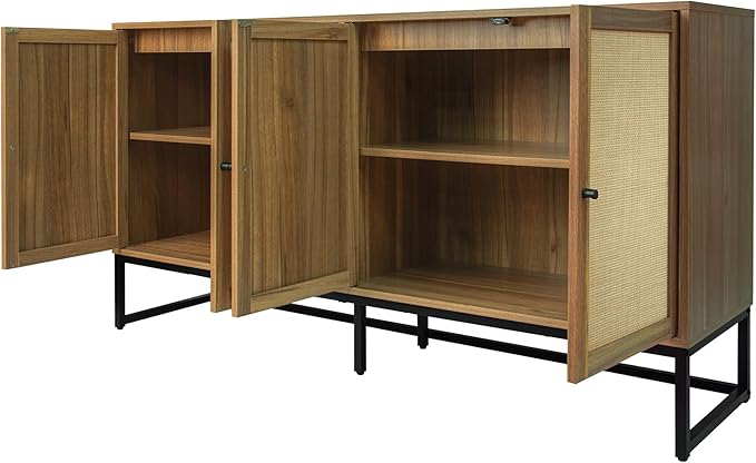 Modern Sideboard, Accent Storage Cabinet with Rattan Doors and Adjustable Shelves, Freestanding Sideboard Storage Cabinet for Kitchen Dining Living Room Hallway Office (Walnut)