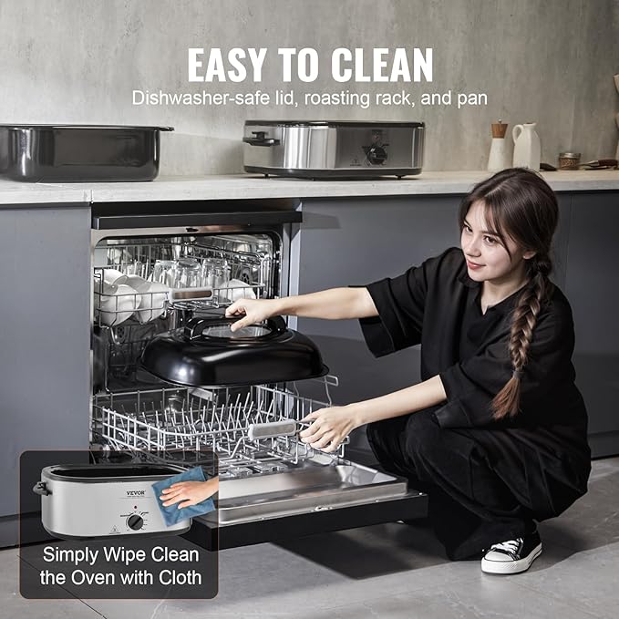 VEVOR Electric Turkey Oven, 26 QT Capacity with Auto-Basting Cover, 1450W, Features Defrost & Keep Warm Settings, Temperature Control, Includes Detachable Pan & Rack, Accommodates Up to 30LBS Turke