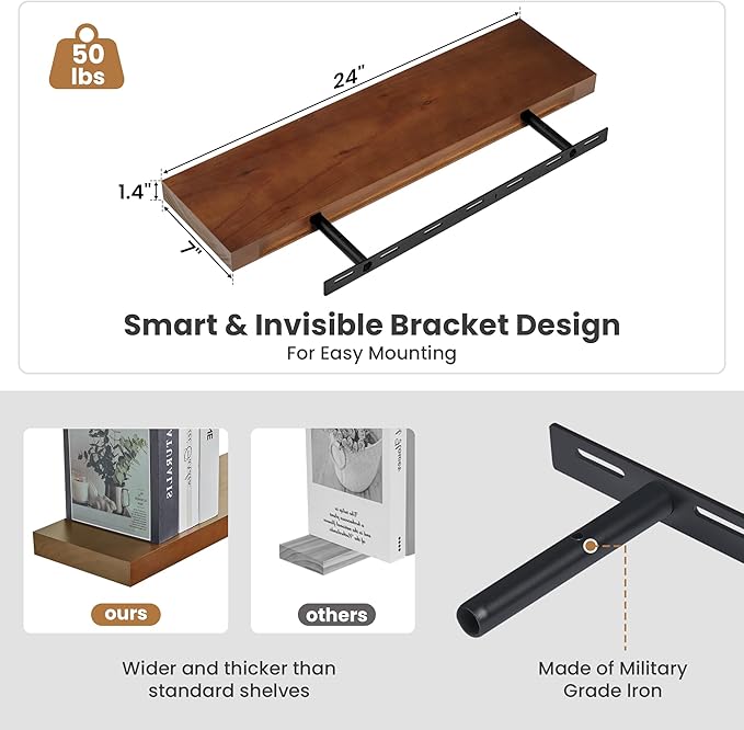Fun Memories Wood Floating Shelves Set of 2, Rustic Pine Wood Floating Shelves for Wall Mounting, Wide Wall Shelf for Home Decor and Storage, 24" W x 7" D, Walnut