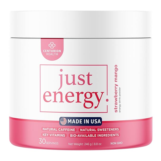 Just Energy Drink Powder, Refreshing Strawberry Mango Energy Drink Mix with 21 Energy-Boosting Ingredients, Includes B Vitamins, Choline, Zinc, Chromium and Inositol, 30 Servings