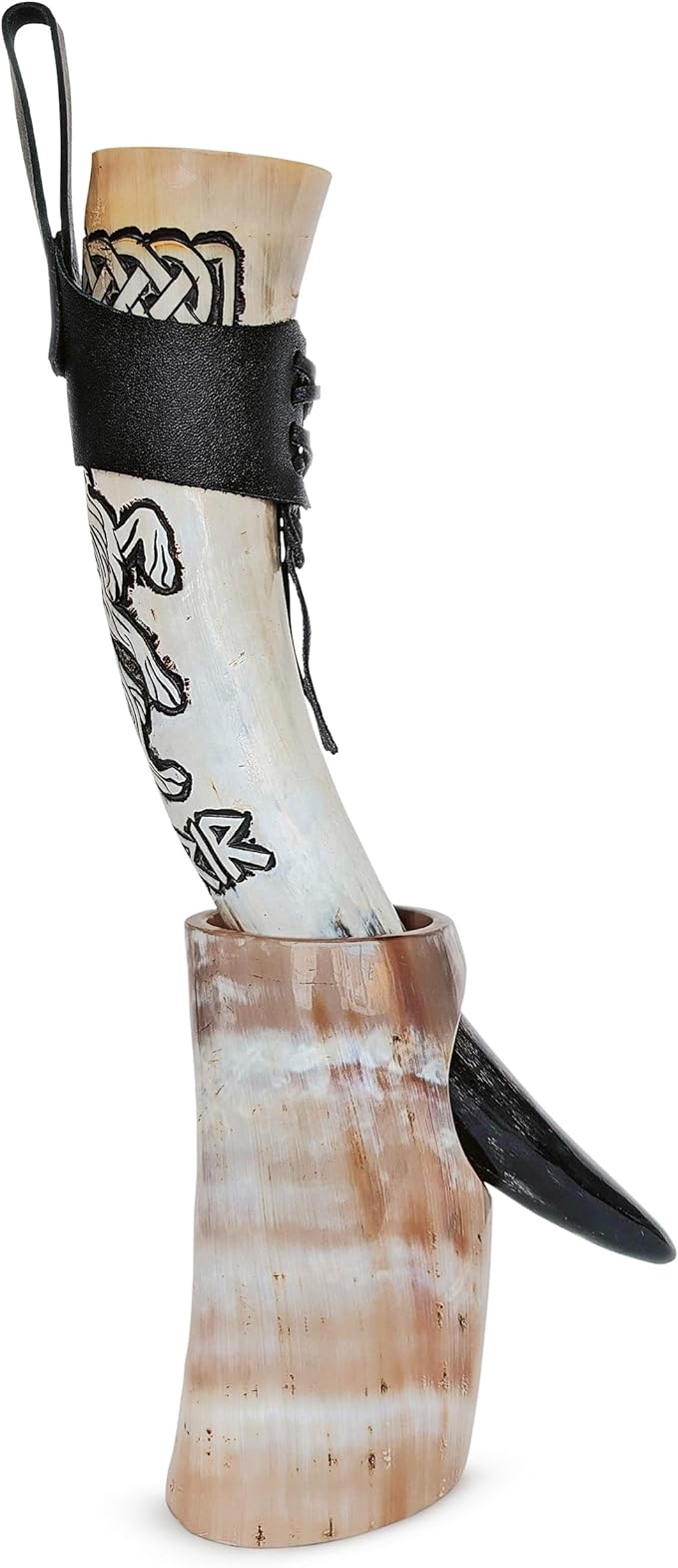 Norse Tradesman Genuine 12" Ox-Horn Viking Drinking Horn with Exquisite Hand Engraved Wolf & Celtic Knot, Black Leather Belt Holster, Fitted Stand & Burlap Gift Sack Included - Wolfsbane, 12-In