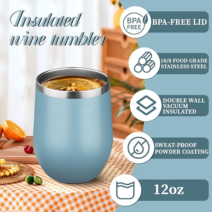12oz Stemless Wine Tumbler with Lid Double Wall Insulated Wine Cup Stainless Steel Glasses Tumbler with Straw Insulated cocktail Tumbler Coffee Mug for Hot and Cold Beverages (Multicolor-5,4Pack)