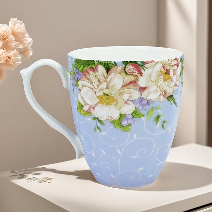 14oz Bone China Coffee Mugs for Women Floral Coffee Mug Tea Cups Novetly Coffee Cups Gift for Women Mom Friends