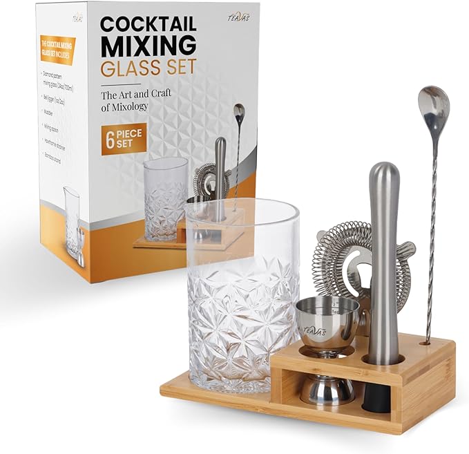 Cocktail 24oz Mixing Glass Set with Jigger, Muddler, Spoon, Hawthorne Strainer & Bamboo Stand - Mixology Pitcher for Stirrer Cocktails - Birthday Gifts for Friends & Family