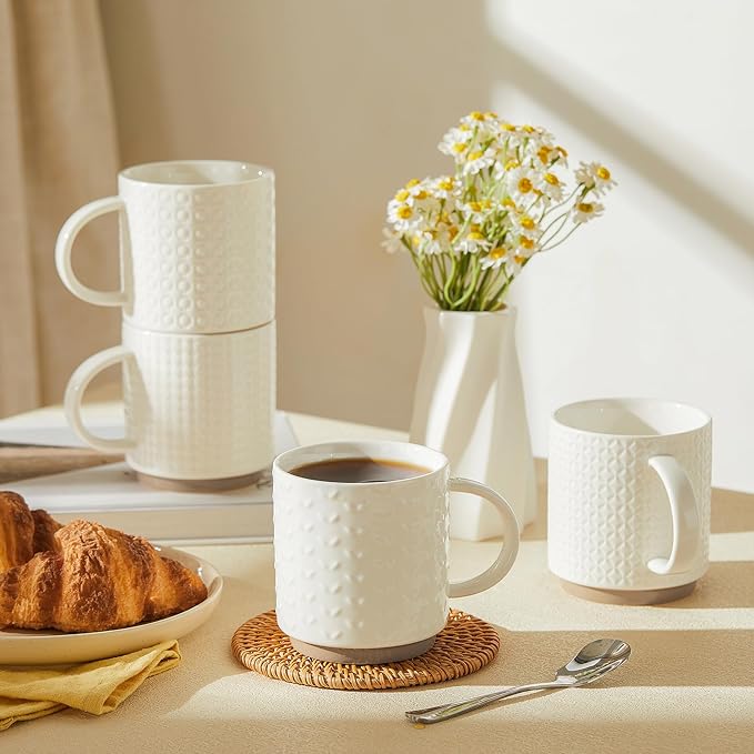 Sweese Stackable Coffee Mugs Set of 4, 10 Oz Ceramic Coffee Mug Cups with Embossed Design, Stackable Coffee Cups for Espresso, Cappuccino, Latte, Tea, White