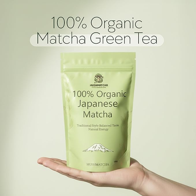 MushMatcha Organic Matcha Powder Grade 6A – Premium Ceremonial Green Tea Concentrate for Lattes, Smoothies & Baking, Pure Jade Leaf Blend, Unsweetened Formula with Smooth Taste, 100g Resealable Pouch